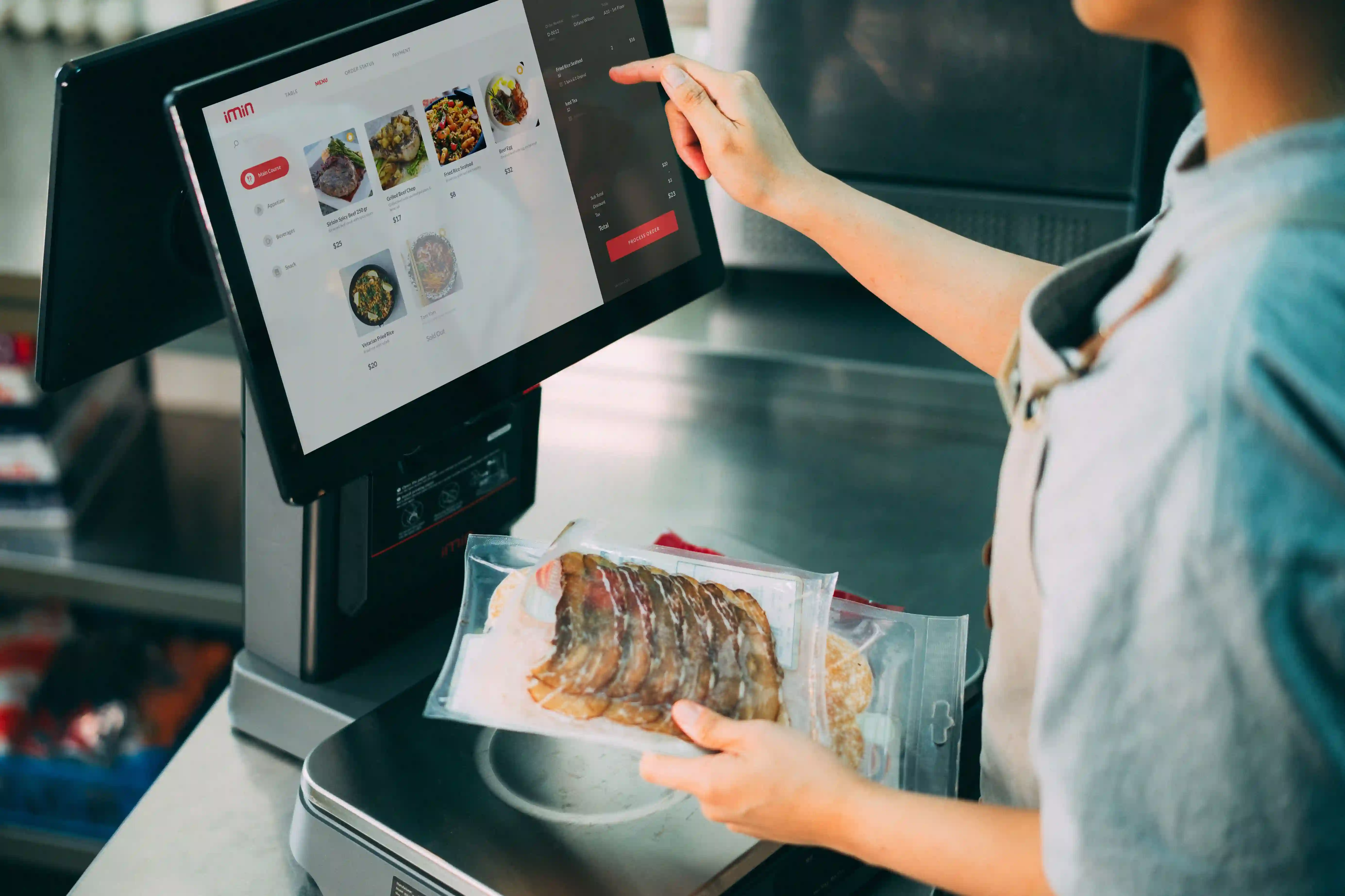 Modern Point of Sale terminal interface with barcode scanner, receipt printer, and live sales metrics
